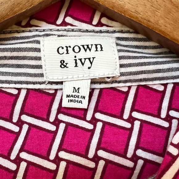 Crown & Ivy Women's Long Sleeve Lattice Print Button Front Top Pink White Size M - Picture 3 of 11